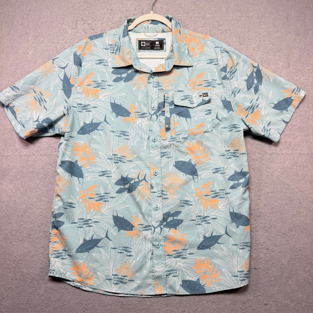 Salty Crew Mens Large Blue Tuna Fish Tropical Performance Fishing Shirt SS